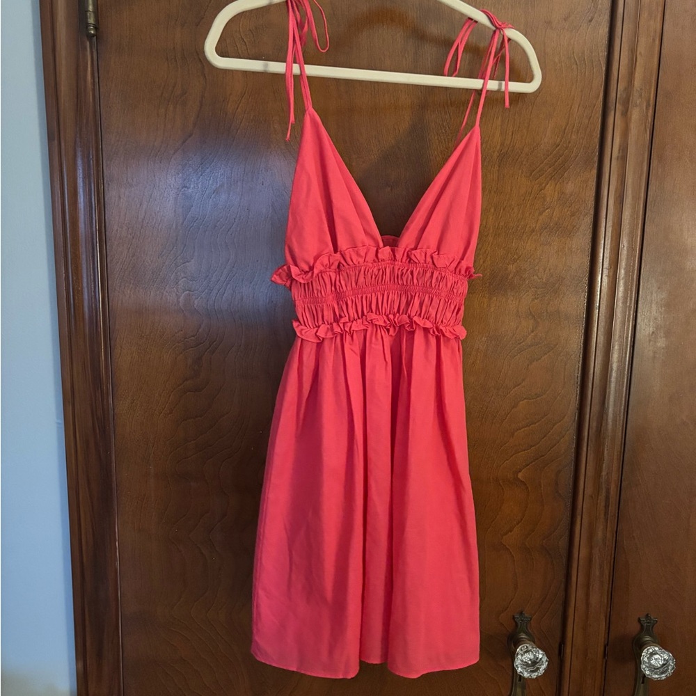 Zara Hot Pink Spaghetti Strap Dress with Waist Ruffle Details size XS